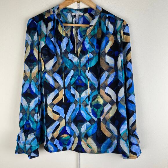 NWT NIC+ZOE Wave Links Top Size M Blue Black Print Blouse Classic Party Dressy - Picture 6 of 13